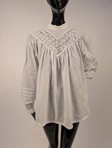 VICTORIAN REVIVAL VINTAGE COTTON BLOUSE W EMBROIDERED FLOWERS + BEADING - Picture 1 of 5