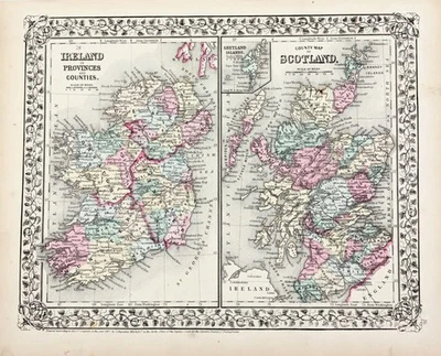 1869  SCOTLAND - IRELAND Map ORIGINAL  Mitchell  (13.25X10.5) DUBLIN GLASGOW - Image 1 of 4