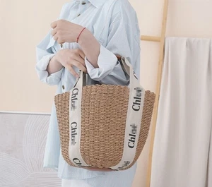 Lady's Bucket Bag Women Creative Lettered Striped Shoulder Bag Grass Bag - Picture 1 of 9