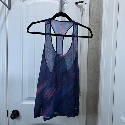 Camiseta sin mangas Nike Dri Fit malla transparente multicolor púrpura rosa azul espalda corredor para mujer L Foto 1 de 4