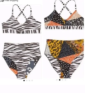 Sz 14 Treasure & Bond Girls Reversible Swimsuit Bikini Top White Zebra Patchwork - Picture 1 of 1
