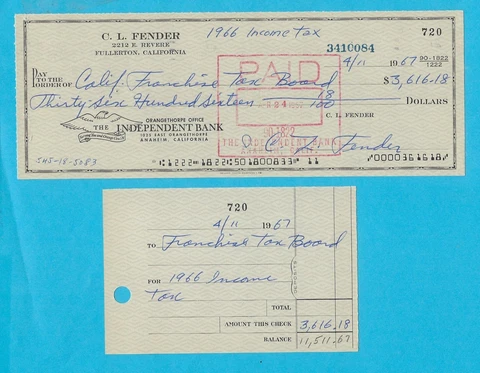 Leo Fender Signed 1967 Business Check w/ Stub Made to "California Tax Board" Cover