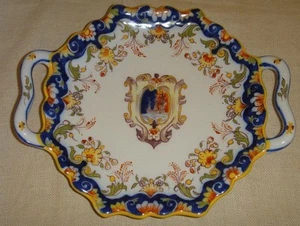 Antique French Faience Rouen Hand Painted Pierced Two Handles Cabinet Plate  - Picture 1 of 12