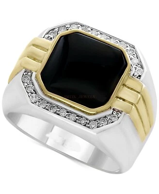 Natural Black Onyx Gemstone with 14K White Gold Plated Silver Ring for Men #1182 - Image 1 of 4