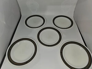 Vintage Pyrex Milk Glass Plates with Black and Gold Fleur de Lis Trim set of 5 - Picture 1 of 8