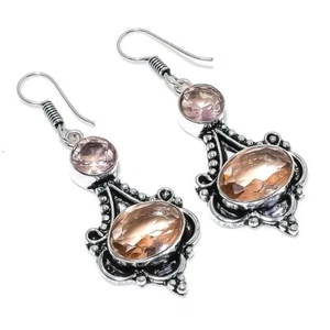 Peach Morganite Gemstone Handmade 925 Sterling Silver Jewelry Earring Sz 1.6" - Picture 1 of 1