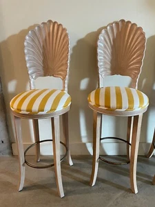 4 ITALIAN VENETIAN Shell Scalloped Back Carved Wood Barstools Chairs - Picture 1 of 7