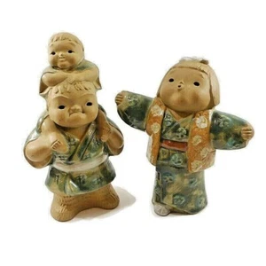 Asian Family Figurines Mudmen Clay Pottery with Green Gold Glaze Smokers? 8.5" - Picture 1 of 11