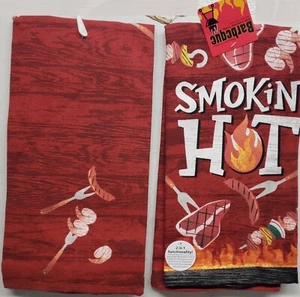 Set of 2 Same Jumbo Printed Cotton Towels (16"x26") BBQ SMOKIN HOT ON RED, KDD - Picture 1 of 16