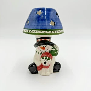 WEIHNACHTEN Keramik SCHNEEMANN Teelicht Kerzenhalter Lampe ausgeschnitten Sterne Schirm 6,5" hoch - Bild 1 von 6