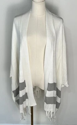 Lumiere White Grey Stripe Tassel Bohemian Oversized Open Poncho Size Large - Image 1 of 4