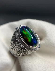 Black Opal Ring For Gents Classy Heavy Crafty Work Hand Made Silver Ring - Picture 1 of 13