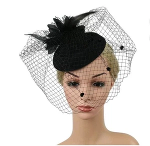 Fascinador de plumas negras malla velo sombrero pinza para el cabello boda té cóctel fiesta - Imagen 1 de 6