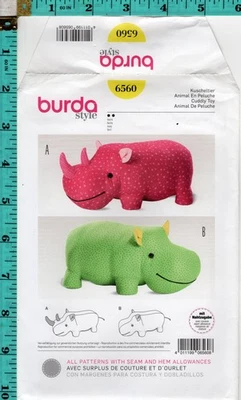 Cuddly Toy Burda style Sewing Craft Pattern 6560 1 Size Rhinoceros Hippopotamus - Image 1 of 3