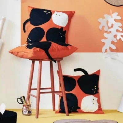 宜家 LAKEMALVA 预切织物橙色黑色猫印花 Scandi 风格万圣节 — 第 1/4 张图片