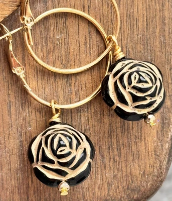 Gold and Black Rose Dangle Hoop Earrings. Flower. Bloom. Boho Chic. Light Weight - Image 1 of 2