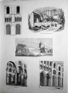 WATHAM ABBEY & ABBEY AT ST. ALBANS; 5 Architecture sketches, 1845, England - Picture 1 of 1