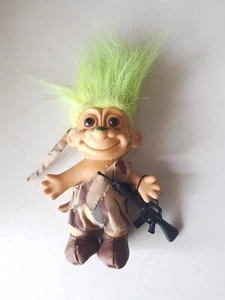 Troll Doll Rambo Camo Green Hair 5" Vintage Russ with Gun Accessory - Picture 1 of 1