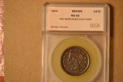 1854 Braided Hair Large Cent- Misplace Digit at rim- High grade AU/BU.  Nice! - Image 1 of 4