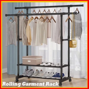 Heavy Duty Clothing Garment Rack Rolling Clothes Organizer Double Rails w/ Wheel - Picture 1 of 12