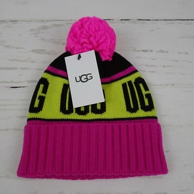 New UGG Kid's Pom Pom Beanie Wool Blend Varsity Logo Knit Pink Yellow 2-4 Y/O - Image 1 of 4