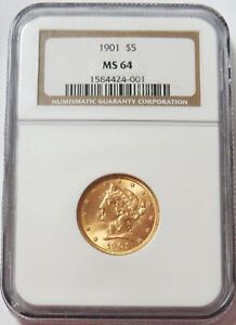 1901 GOLD USA $5 LIBERTY HEAD HALF EAGLE COIN NGC MINT STATE 64 PQ