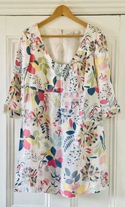 Boden Womens Multi & White Geometric Flowers 3/4-Sleeved Linen Dress UK 10 EU 38 - Picture 1 of 14