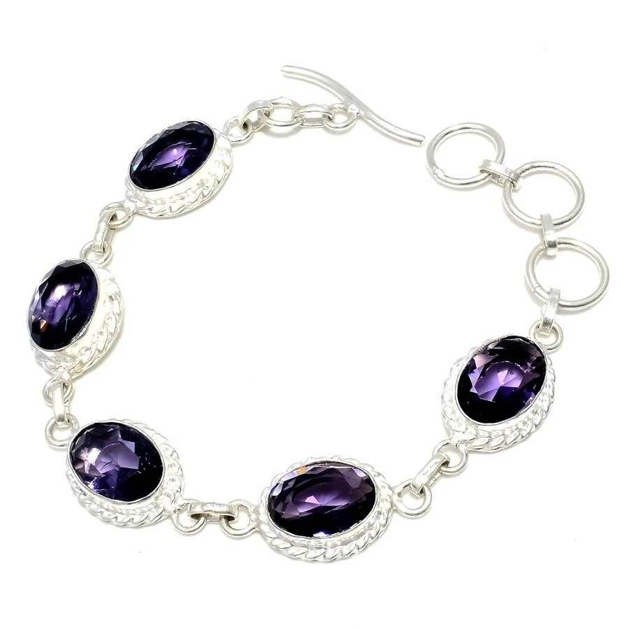 Purple Amethyst Gemstone Handmade 925 Sterling Silver Jewelry Bracelet Size 7-8" - Image 1 of 1