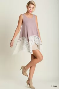 Women Sleeveless Dusty Pink Blush Tunic Top Blouse Sharkbite Lace Relaxed Fit - Picture 1 of 8