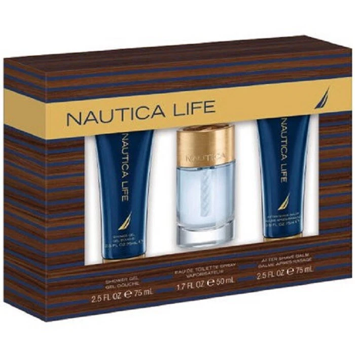 Nautica Life Eau De Toilette Spray, Shower Gel & Shave Balm Gift Set, NIB 3 PC  - Imagem 1 de 1