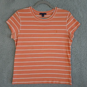 Ralph Lauren Shirt Womens XL Orange White Striped Cap Sleeve Crew Pony Tee FLAW - Picture 1 of 9