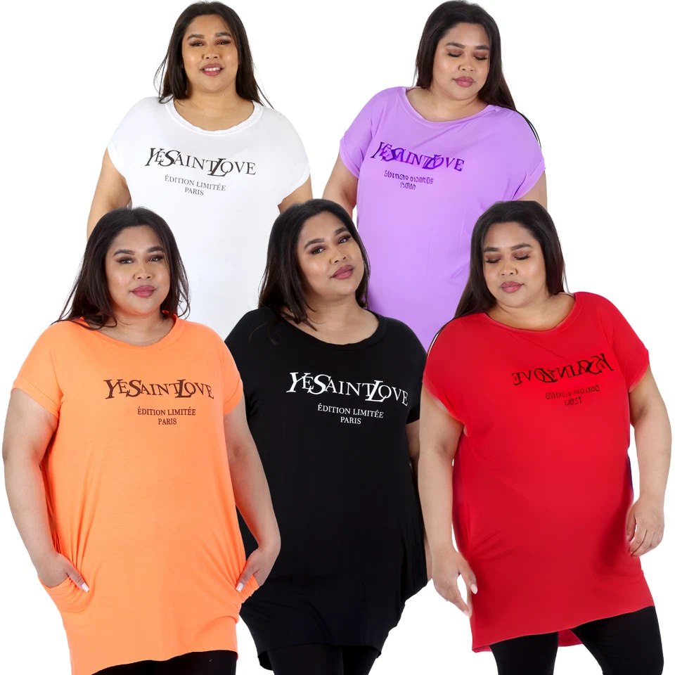 NouvelleWomen Plus Size Yes Saint Love Slogan Tshirt Top Short Sleeve Dipped Hem - Image 1 of 1