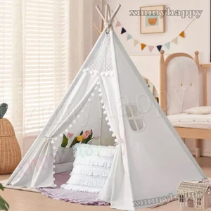 160CM Large Canvas Kids Teepee Star Wood Indian Tent Child In&Outdoor Play House - Picture 1 of 39