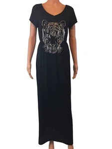 Espresso Silver Tiger Face Black Maxi A-Line Dress Short Sleeve Size Small - Picture 1 of 9
