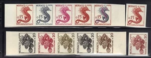 Estampilla a prueba de color de Mónaco 1960 Sc#470 y Sc#473 caballito de mar y pez escorpión montada sin montar o nunca montada - Imagen 1 de 2