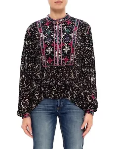 Isabel Marant Etoile Women Ivayo Black Printed Embroidered Blouse Tunic Top L 38 - Picture 1 of 16