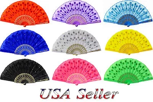 2PC LADY HAND FAN CHINESE JAPANESE FOLDING PEACOCK FEATHER FABRIC FLORAL SPARKLE - Picture 1 of 10
