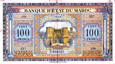 Morocco 100 Francs 1943 Pick# 27 VF - Image 1 of 3