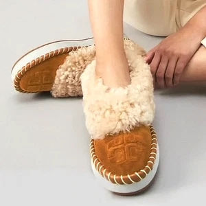 TORY BURCH Suede & Shearling T Logo Moccasin Style Slippers - SZ 9 $278 - Picture 1 of 10