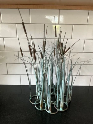 Mid Cent Modernist Bronze Verdigris Cattails and Grasses Kinetic Art Sculpture - Image 1 of 4