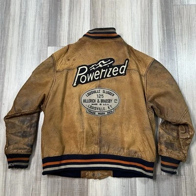 Vintage 80’s Louisville Slugger Baseball Brown Leather Jacket Large Distressed - Image 1 of 4