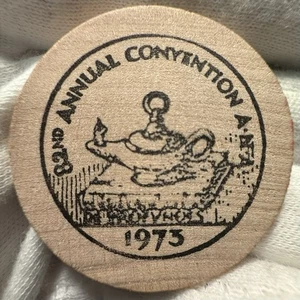 1973 82nd ANA Convention Wooden Nickel ~ Boston Tea Party (L263) - Picture 1 of 2