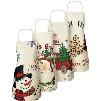 Christmas Aprons 4-Pack Kitchen Santa Winter Xmas Trees Snowman Red Truck NEW - Image 1 of 4