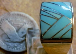 New Mens Sterling Silver Turquoise Inlay Ring Navajo Candace Skeet Size 9 1/2 - Picture 1 of 8
