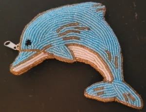 Dolphin Coin Purse Beads Zipper Closure Blue White Brown Cute Gift Travel - Picture 1 of 6