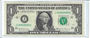 $1 One Dollar Bill Fancy Serial # Birth Year Birthday Note 1930-09-29 J19300929A - Picture 1 of 2