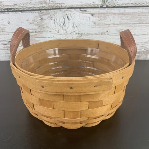 Small Longaberger Basket with Leather Handles and Plastic Liner Cover