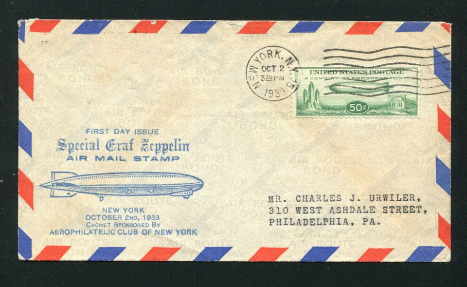 Zeppelin 1933 LZ 127 C18 CACHETED FDC NEW YORK FIRST DAY CANCEL Philatelic Club - Image 1 of 1