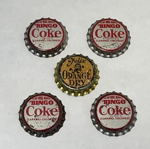 4 Vintage Coke and 1 Felix the Cat Orange Dry  Bingo Bottle Caps - Picture 1 of 3