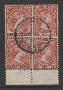 Falkland Islands 1894 1d Brown QV Wmk Crown CA Upright Reversed Used Block of 4 - Picture 1 of 2